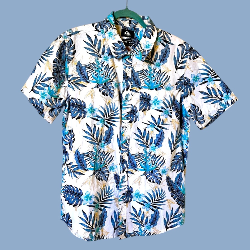 Quiksilver Mens Boys Blue Floral Hawaiian Aloha Shirt, Button Down Casual S/P/CH